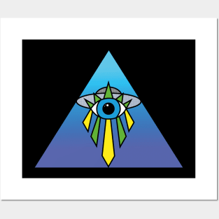 Illuminati Pyramid UFO Eye Art Deco Geometric Twilight Blue Gradient Fade Space Sky Posters and Art